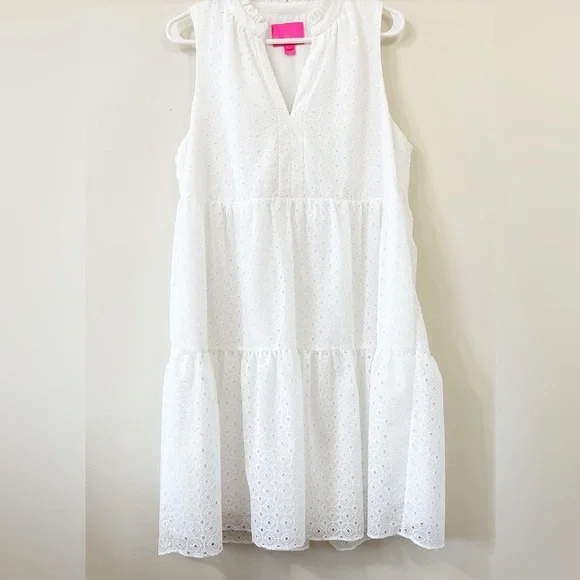 Lilly Pulitzer Novella Dress Resort White Mini Medallion Chiffon Eyelet Size L - Picture 4 of 11